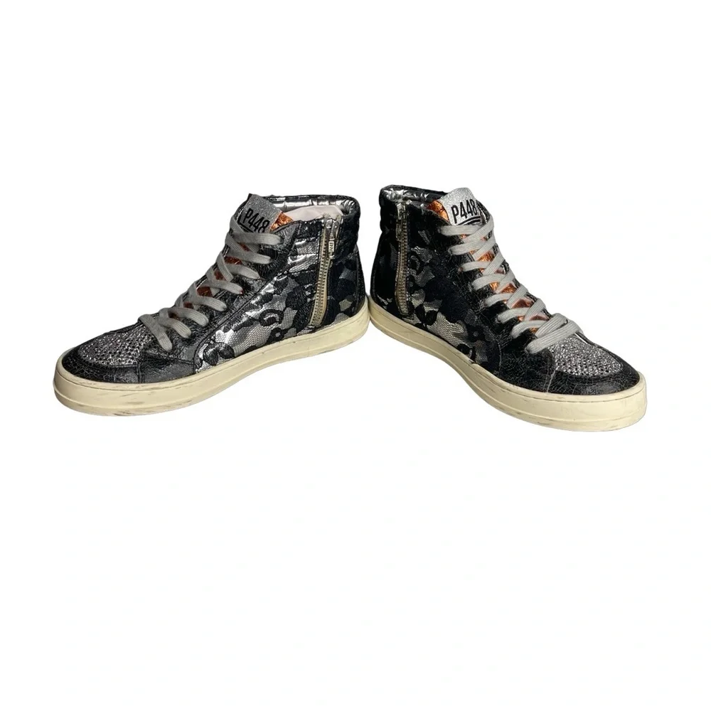 P448 high top sneakers glitter lace metallic Black silver orange  Sz 38 or 7.5/8